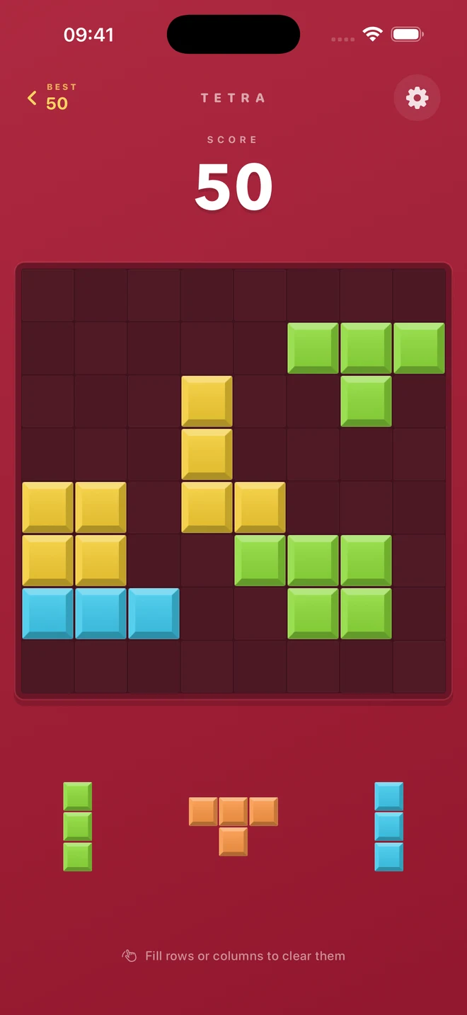 Tetra Arcade on iPhone: colorful pieces on an eight-by-eight board, with a score of 50.