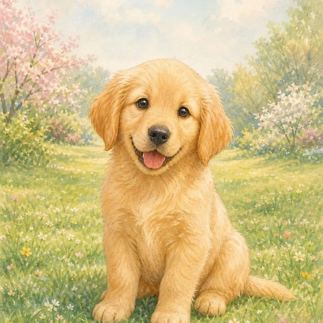 A golden retriever puppy in a painted spring meadow, one of Tetra’s collectible animal portraits.